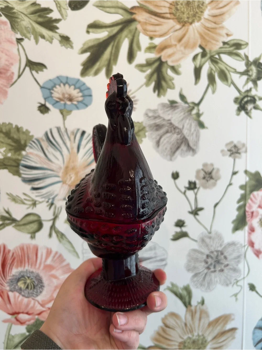Ruby Red Glass Rooster Covered Dish Farmhouse Kitchen Decor Candy Trinket Box